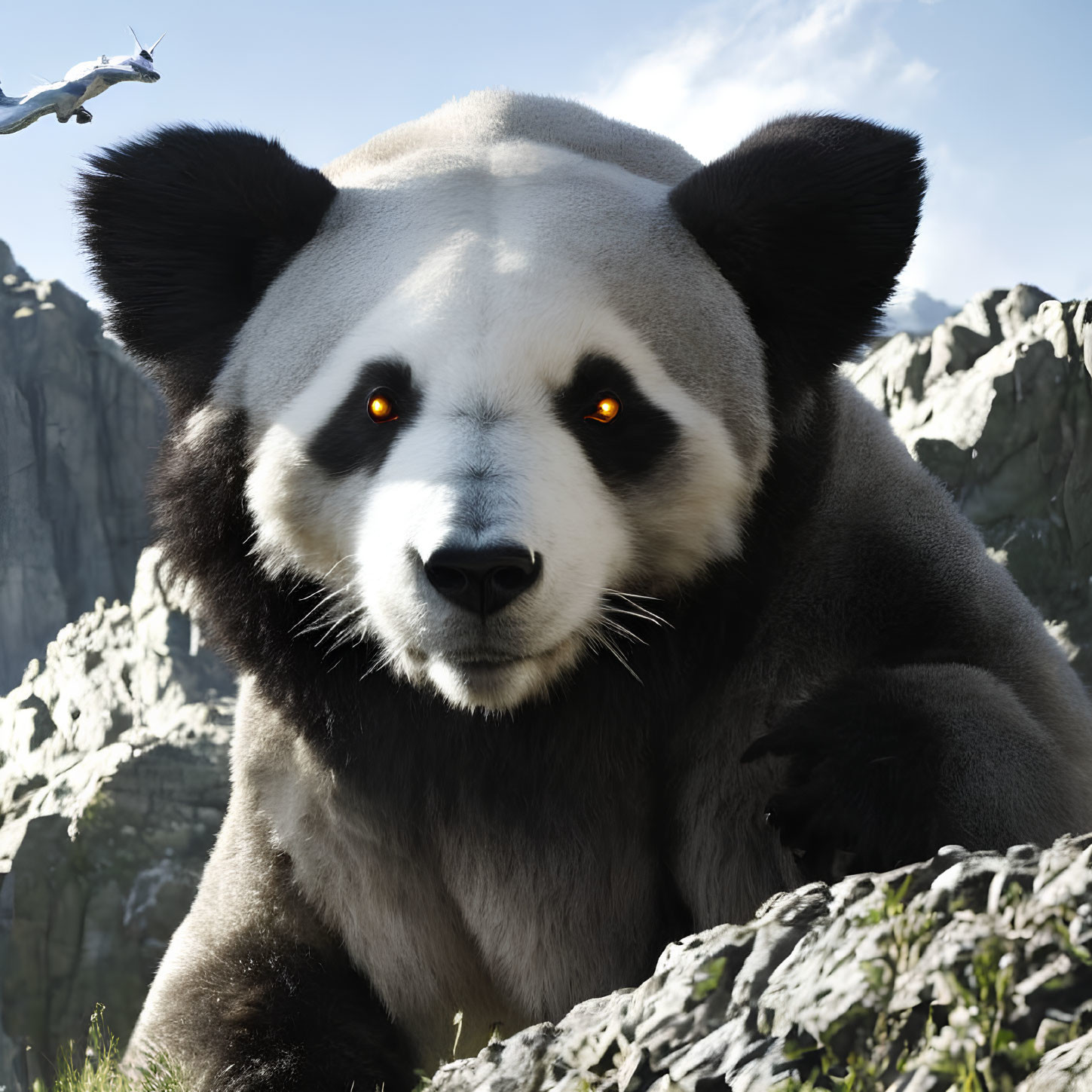 Close-up of panda with glowing orange eyes against mountain backdrop