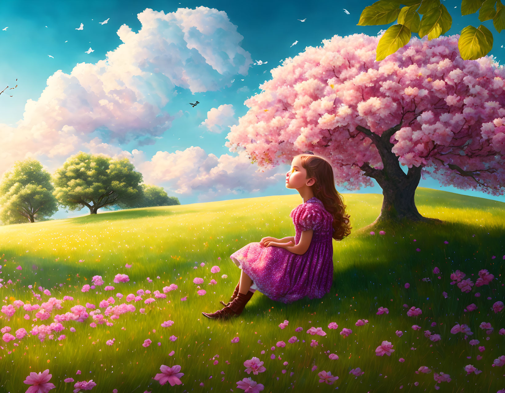 Girl in Purple Dress Sitting Under Cherry Blossom Tree in Meadow with Birds