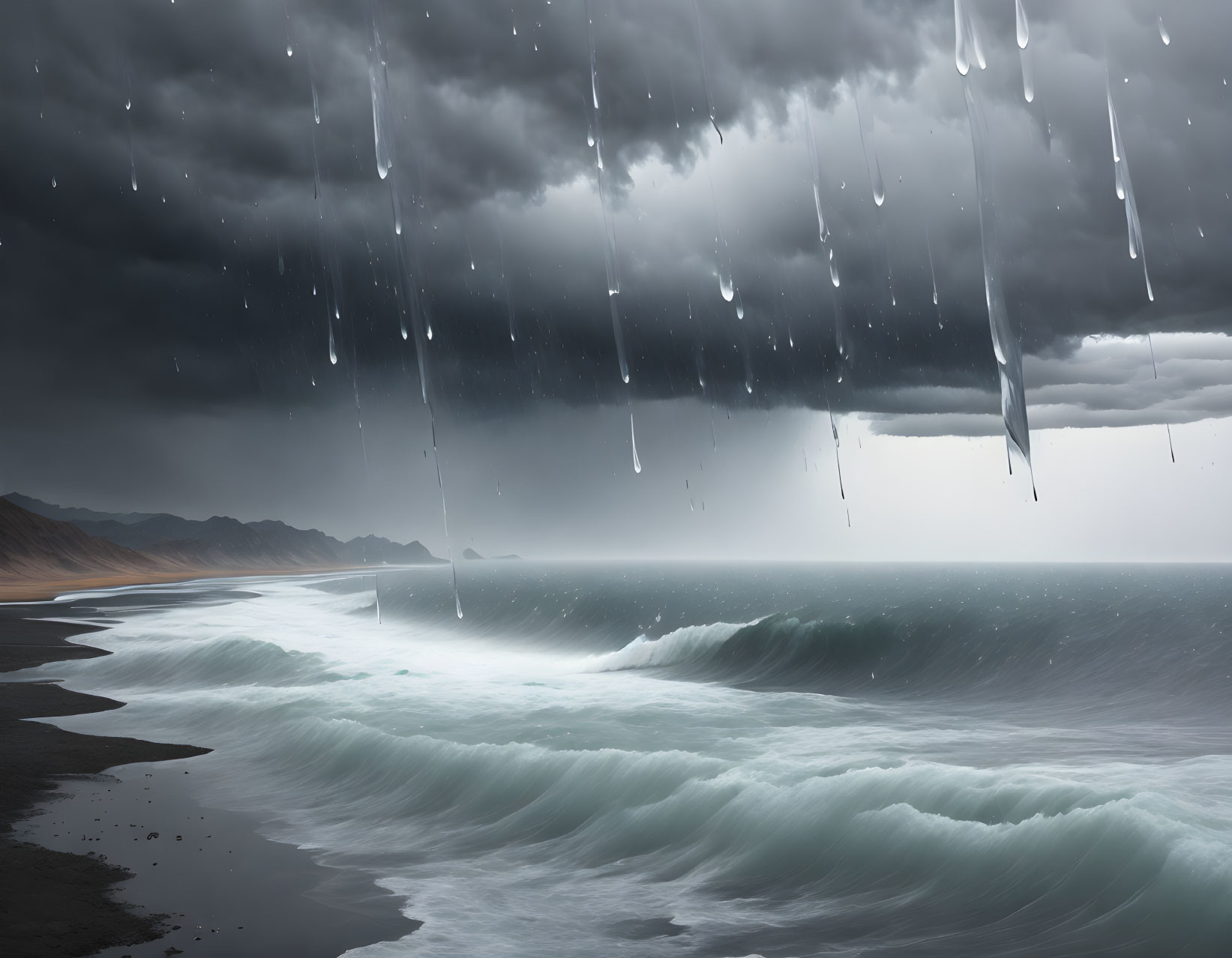 Stormy Beach Scene: Dark Clouds, Heavy Rain, Turbulent Waves