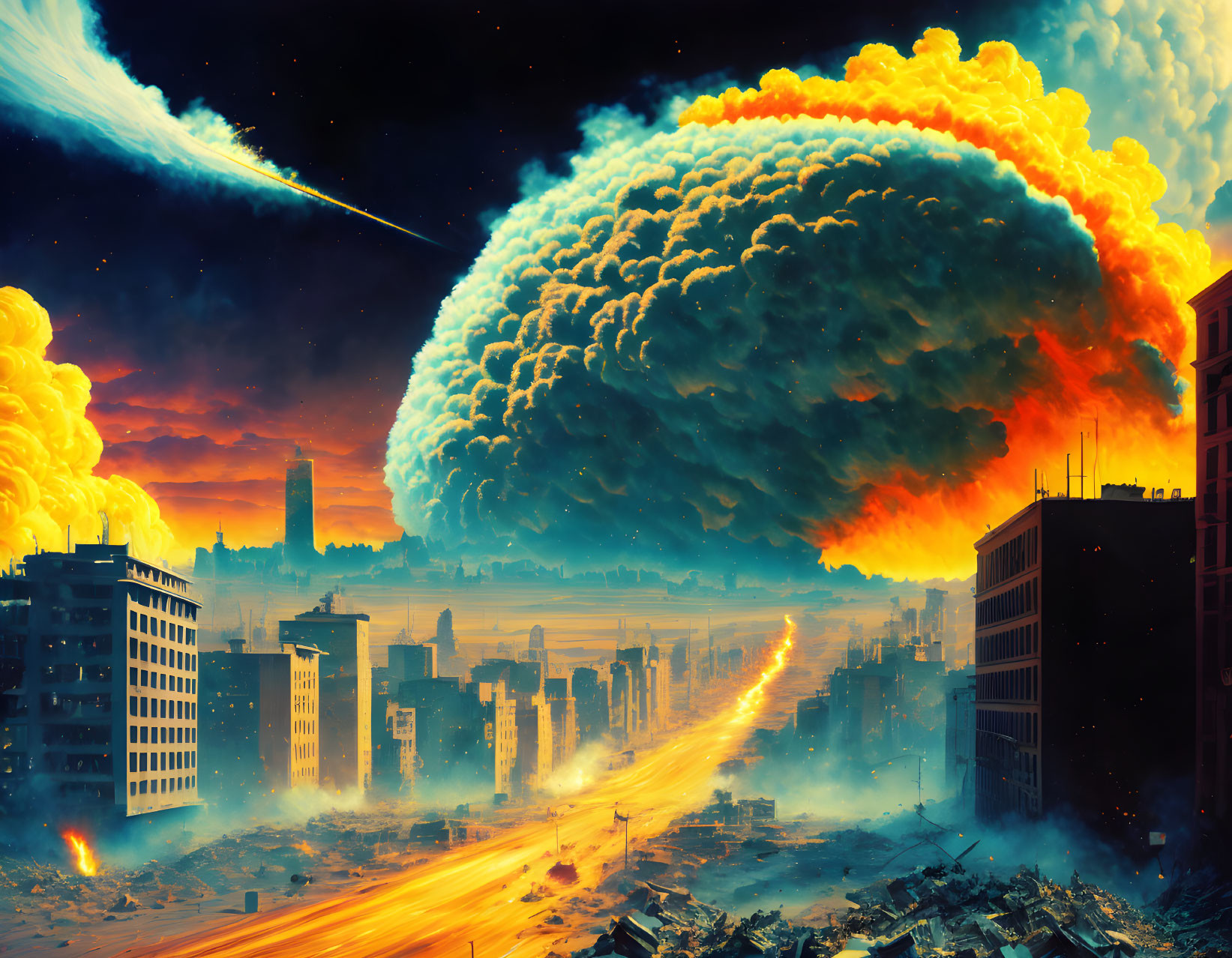 Apocalyptic scene with massive mushroom cloud and comet in tumultuous sky