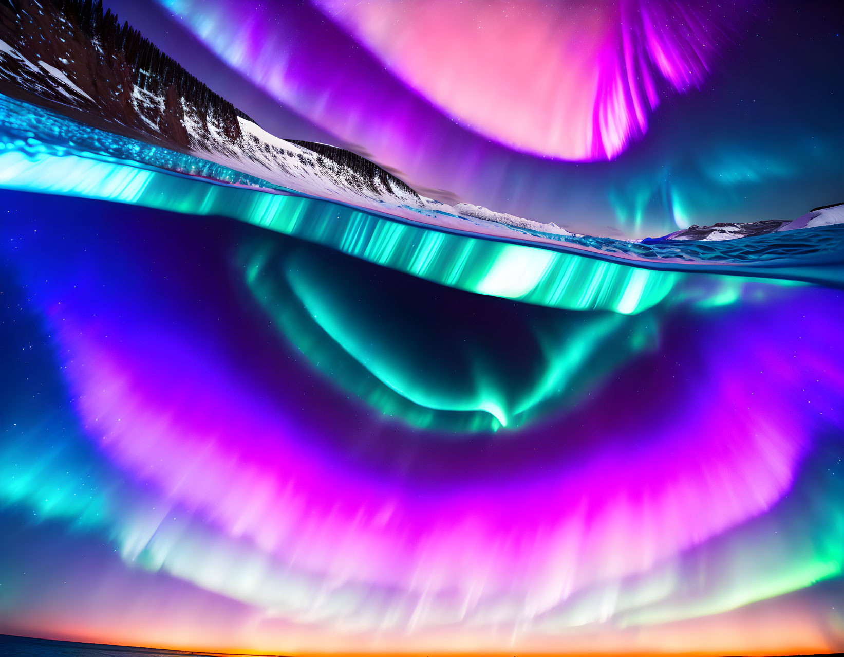 Colorful Aurora Borealis Over Snowy Mountain Landscape