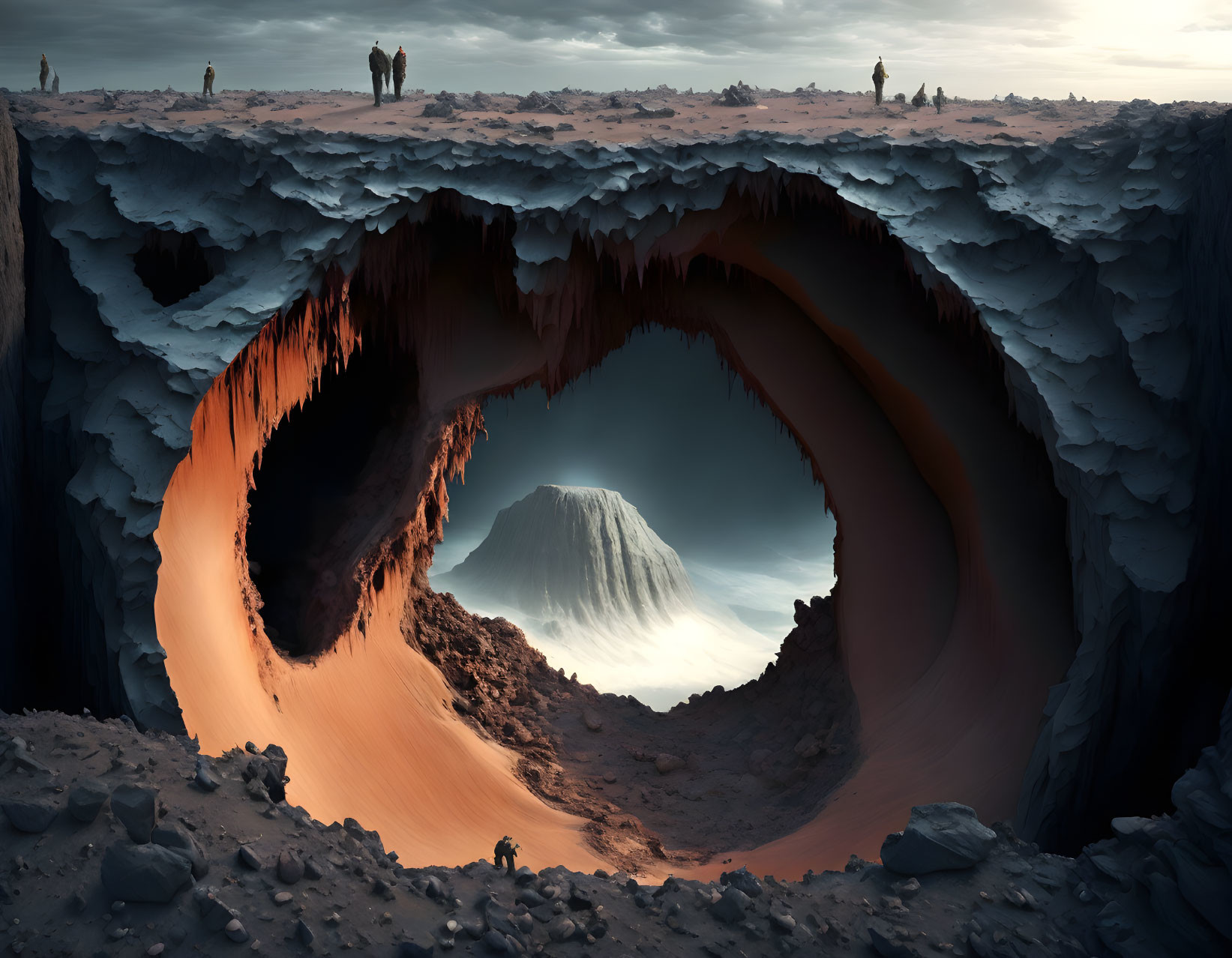 Surreal landscape with eye-shaped cavern, mountain, orange sand, and silhouetted figures