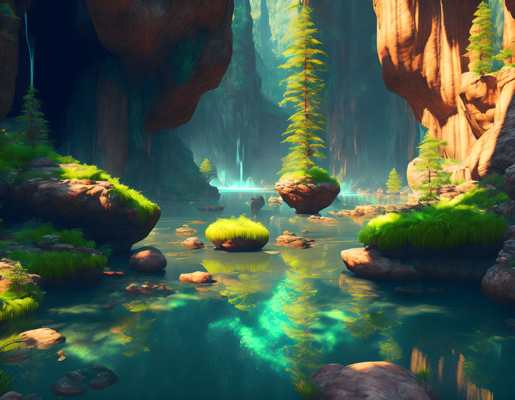 Mystical forest with floating islands, lush vegetation, river, and waterfall