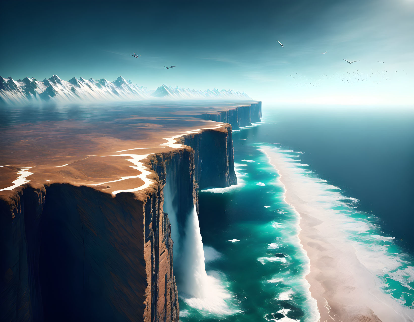 Surreal flat earth image with cliff edge, ocean, mountains, and birds