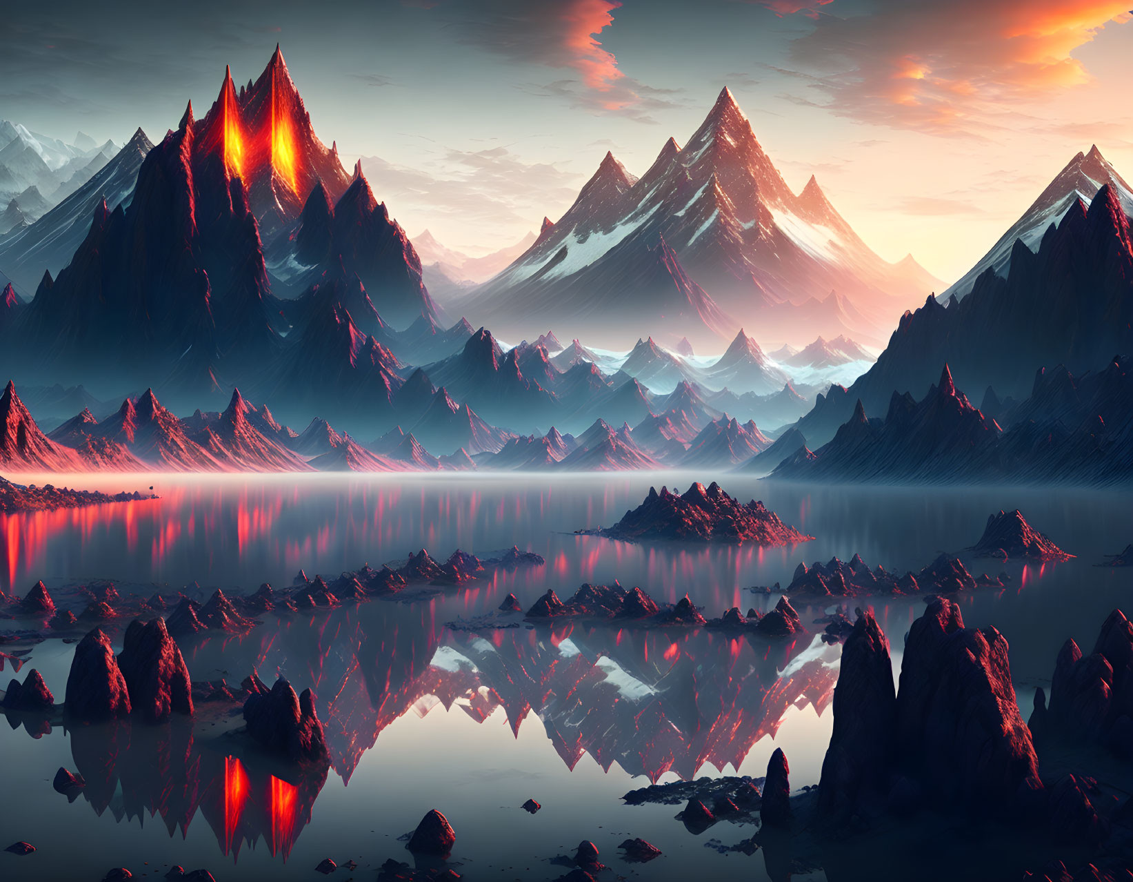 Surreal landscape with fiery peak and tranquil lake in dusk sky