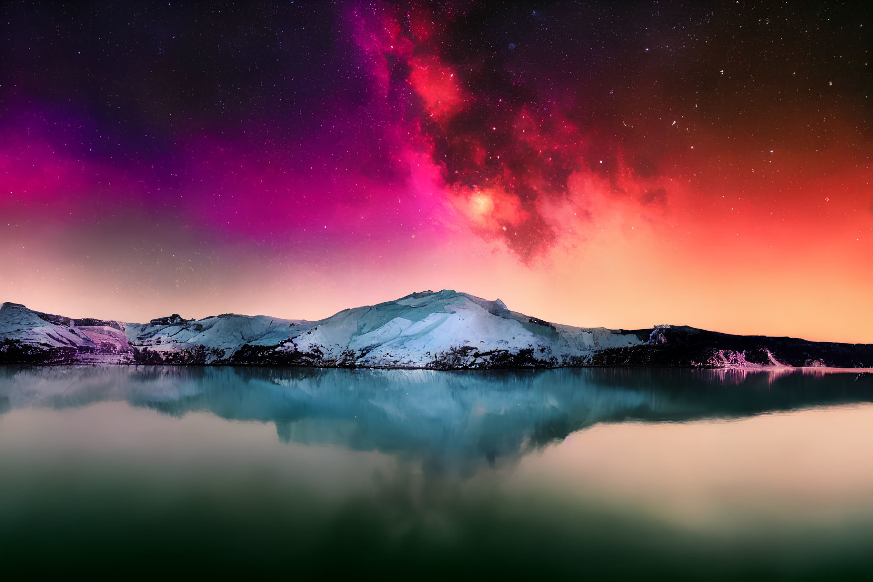 Snowy mountain reflected in calm lake under pink and purple starry sky