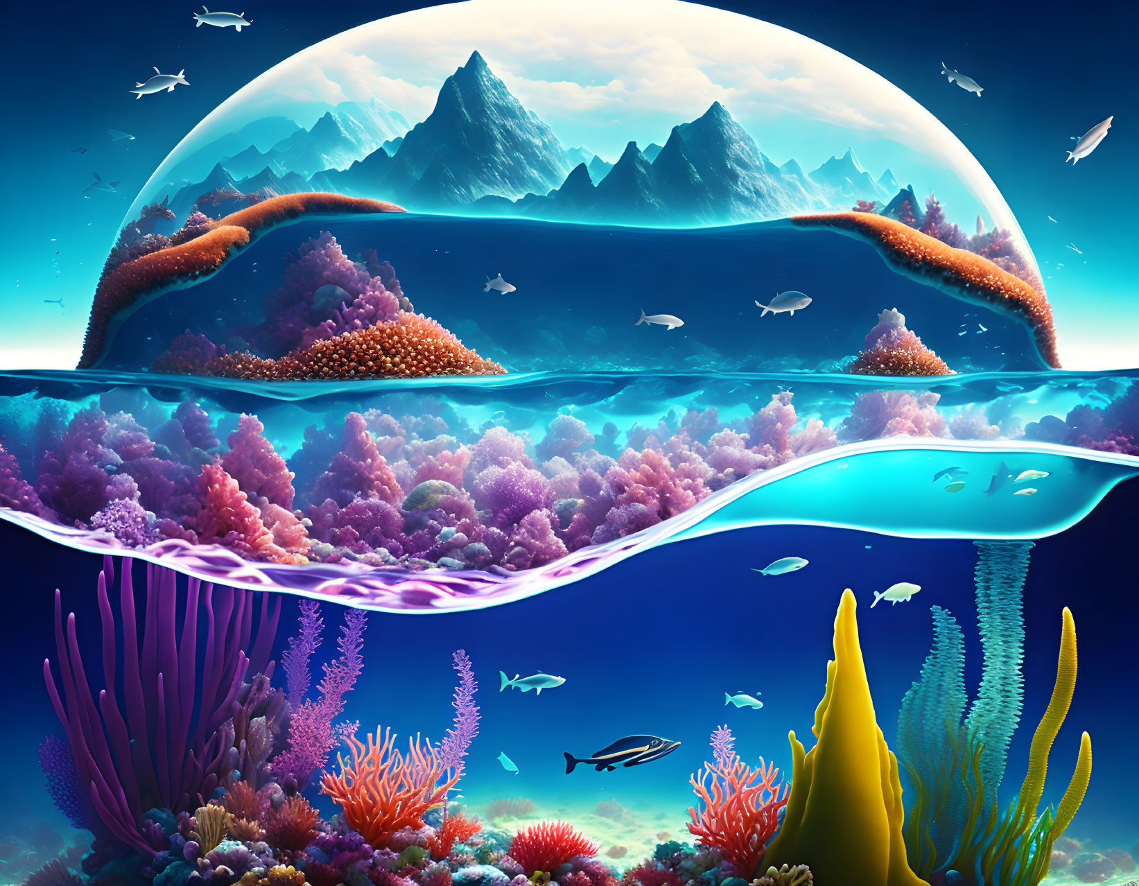 Colorful Coral and Fish in Underwater Scene with Mountainous Landscape