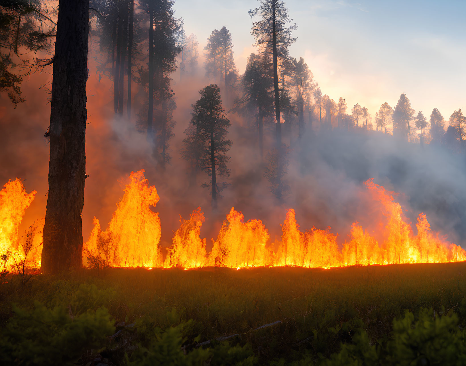 Forest wildfire: Flames engulf underbrush, smoke rises among silhouetted trees