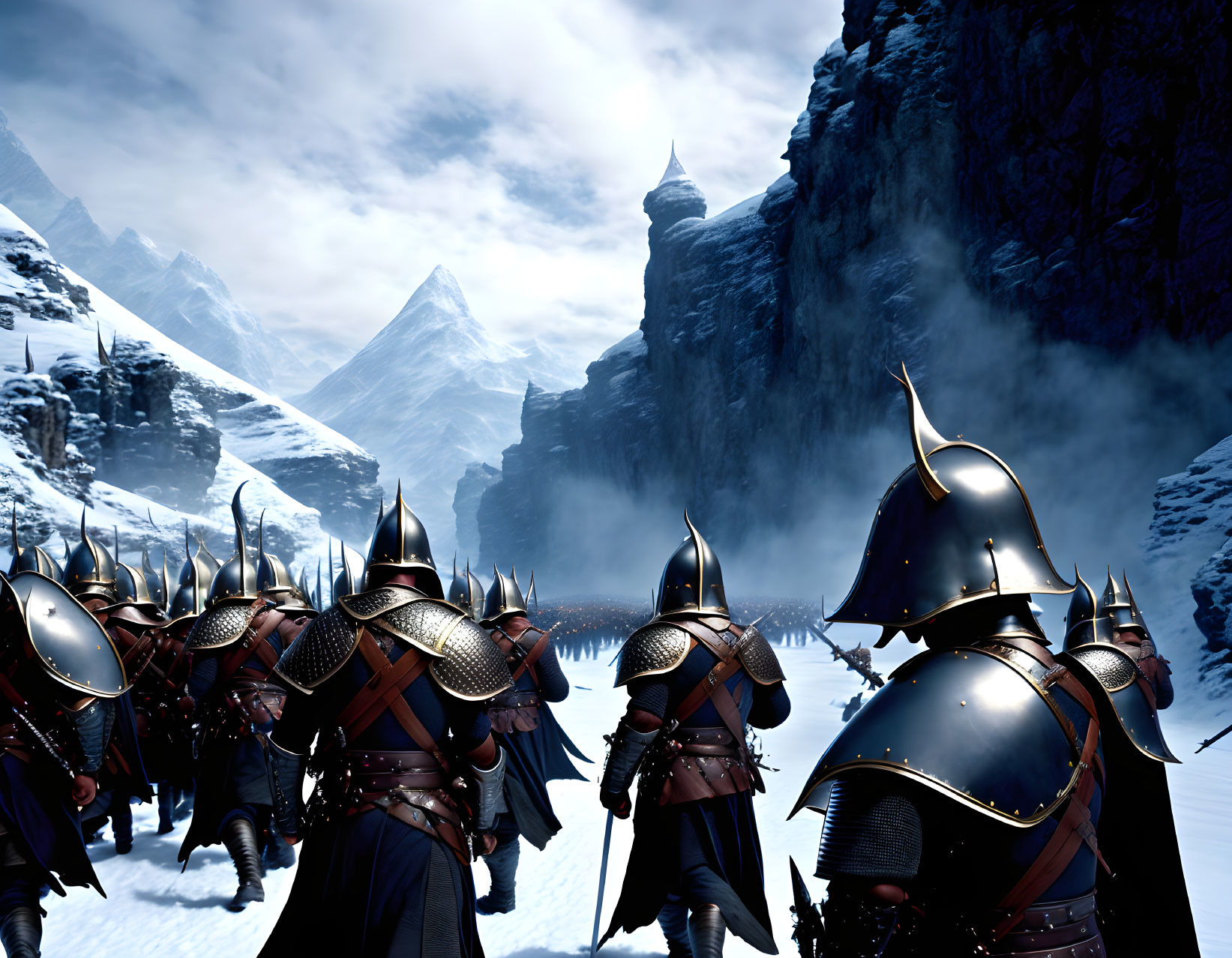 Medieval knights in armor march towards a castle in snowy mountains