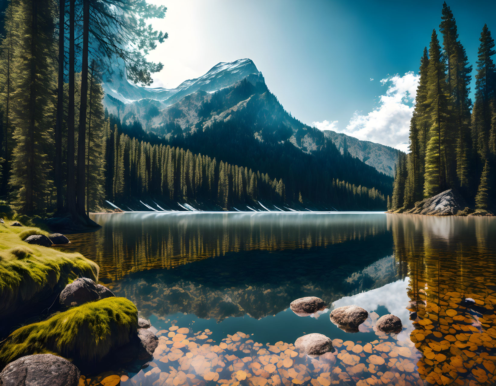 Tranquil mountain lake with pine trees, clear reflections, and fallen leaves