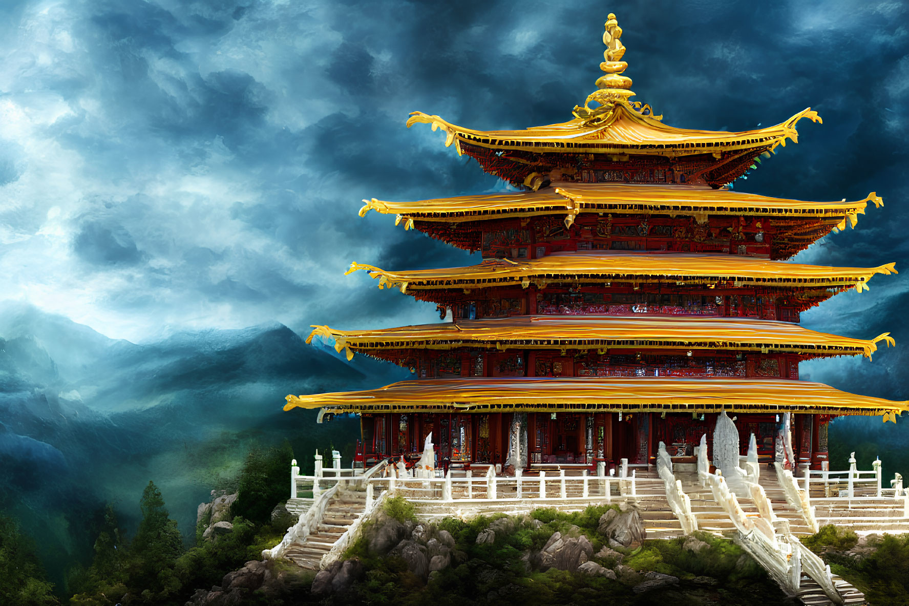 Red and Gold Pagoda on Mountain Top under Dramatic Cloudy Sky