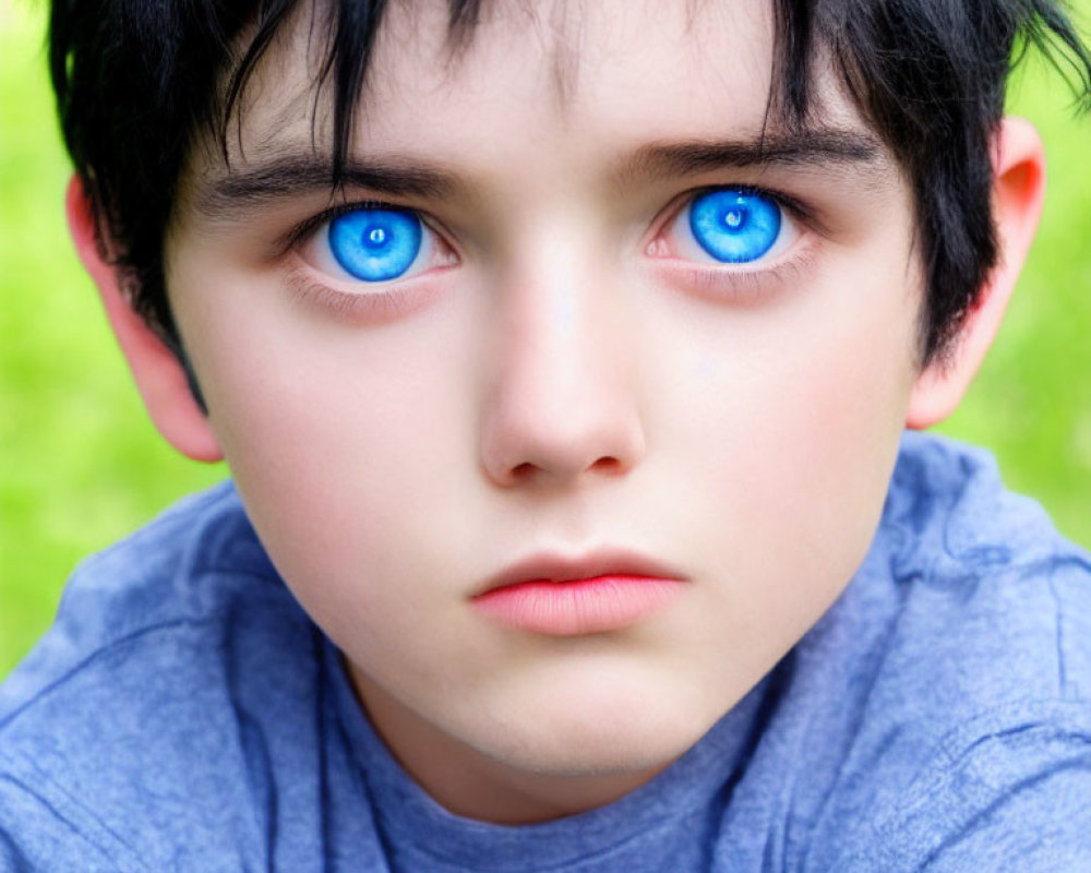 Child with Striking Blue Eyes and Dark Hair in Blue Shirt on Green Background