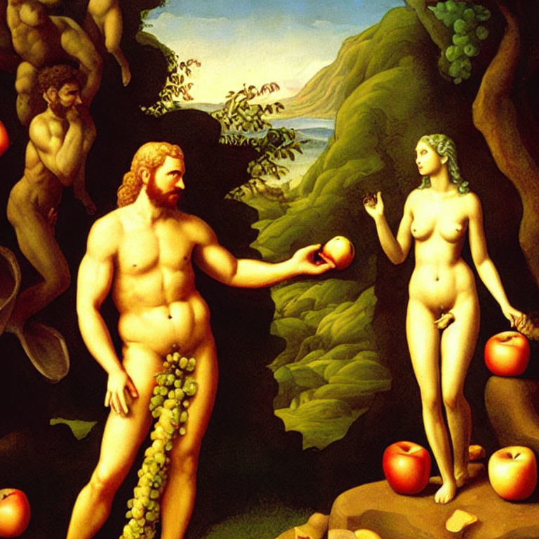 Religious painting depicting Adam, Eve, serpent, and fruit trees