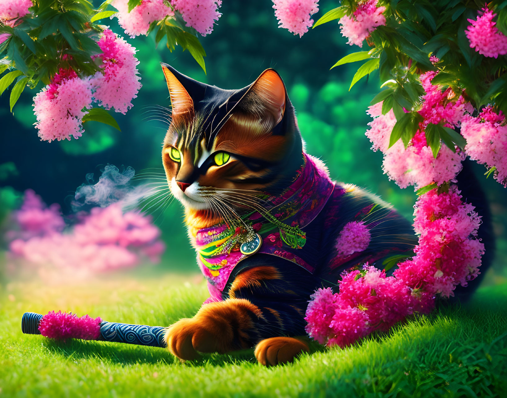 Stylized cat with orange and black fur in purple Asian outfit among pink blossoms