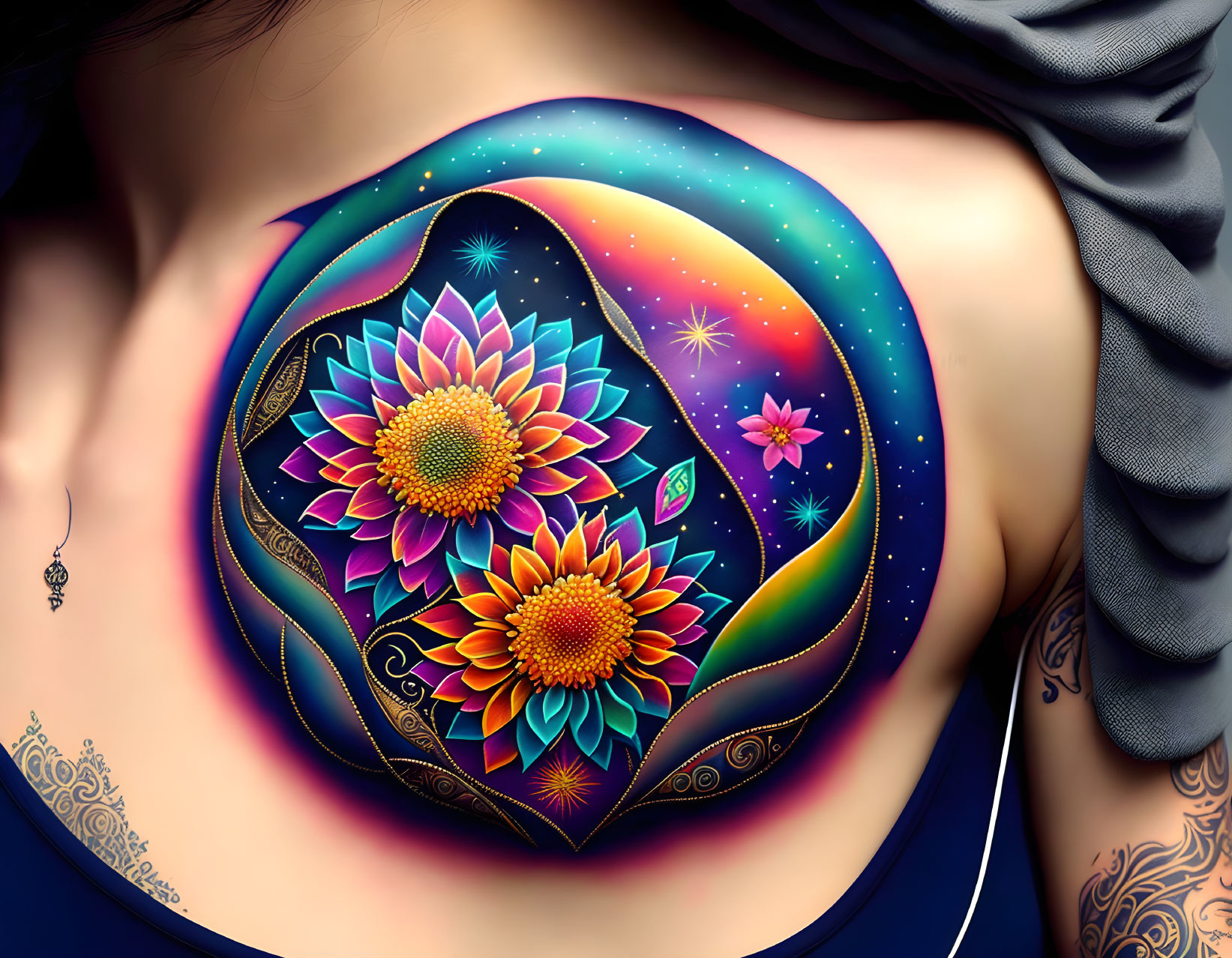 Colorful Cosmic Galaxy Tattoo with Lotus Flowers and Stars