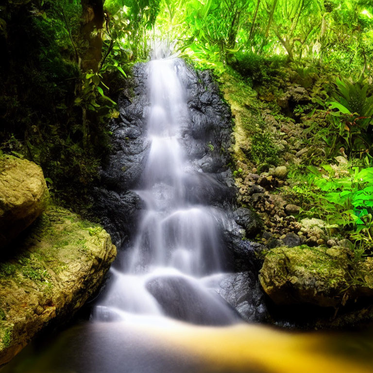 Tranquil forest waterfall with smooth flowing water