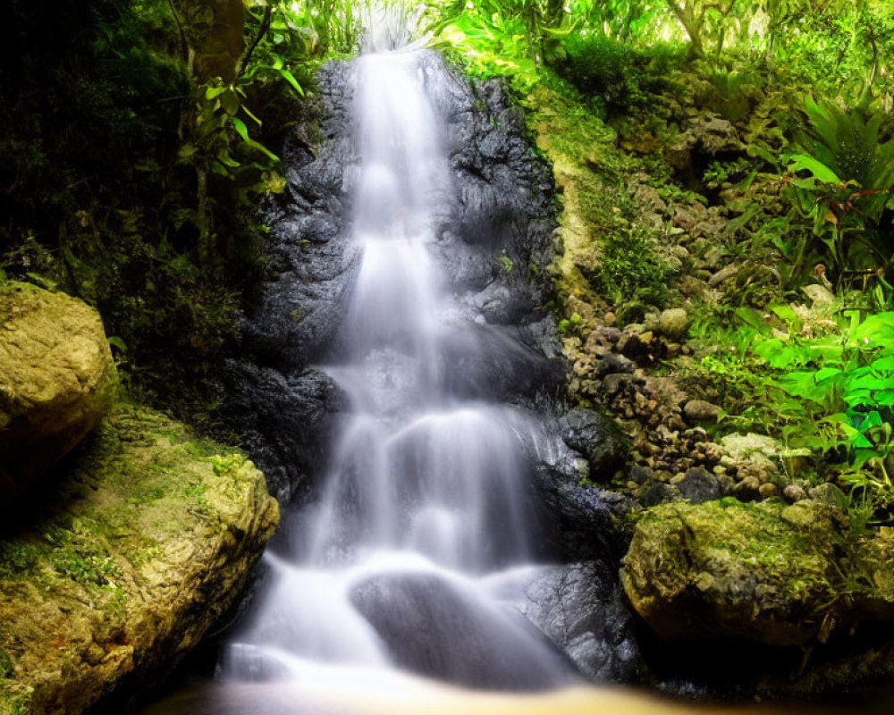 Tranquil forest waterfall with smooth flowing water