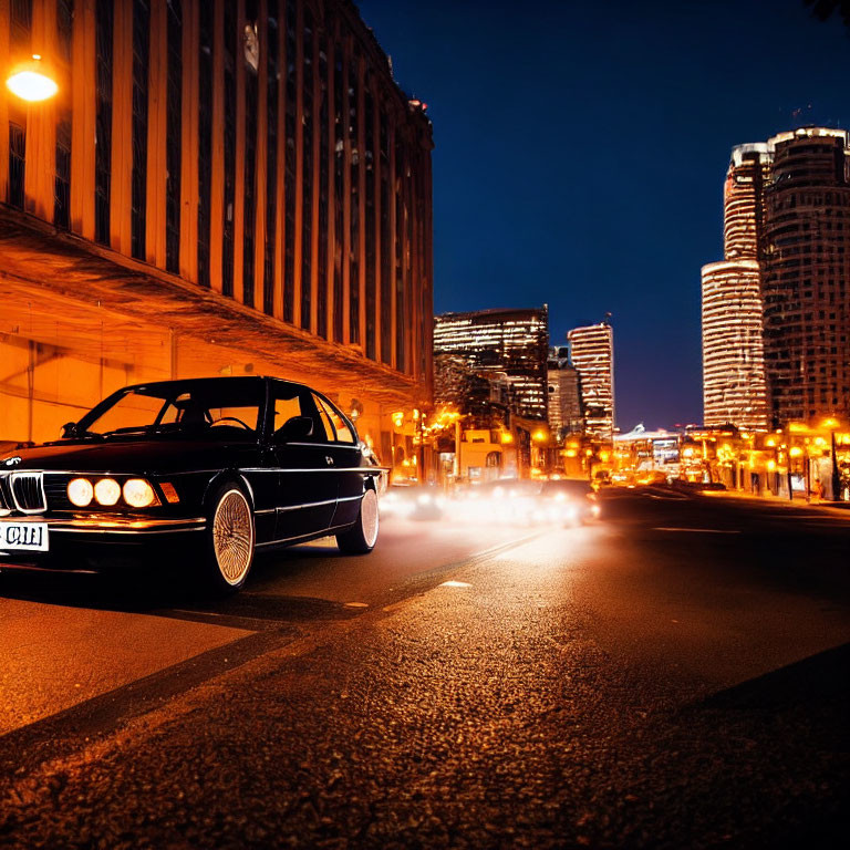 Classic BMW Car Parked in City Street Night Scene