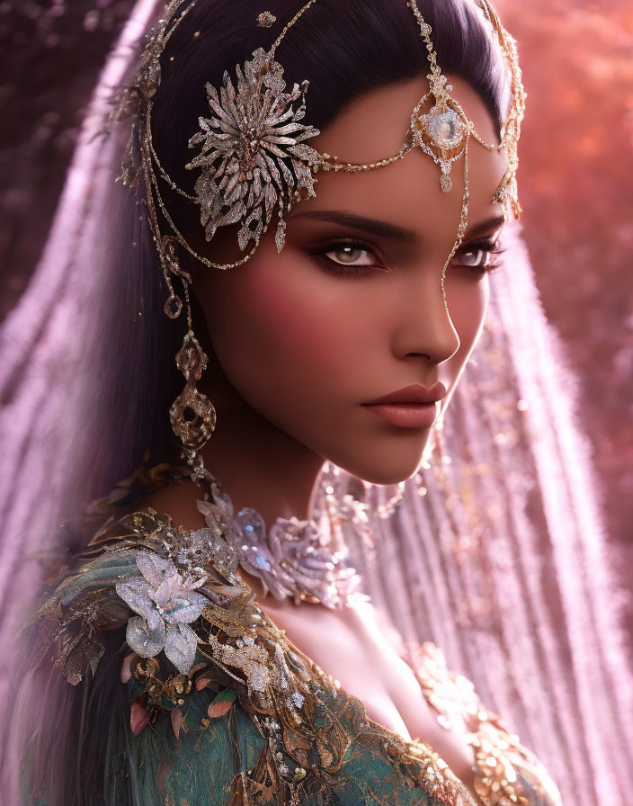 Elaborate Gold Headpiece and Teal Outfit Portrait