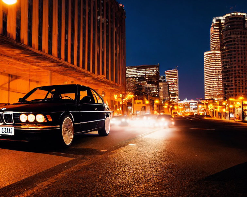 Classic BMW Car Parked in City Street Night Scene