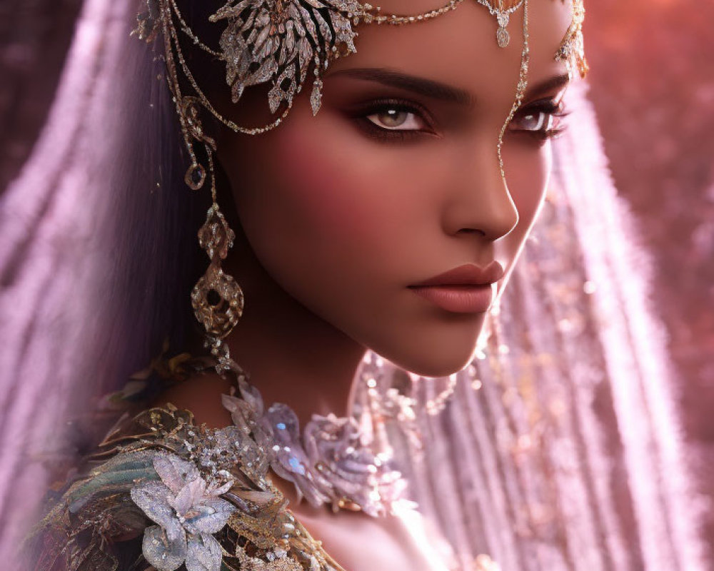 Elaborate Gold Headpiece and Teal Outfit Portrait