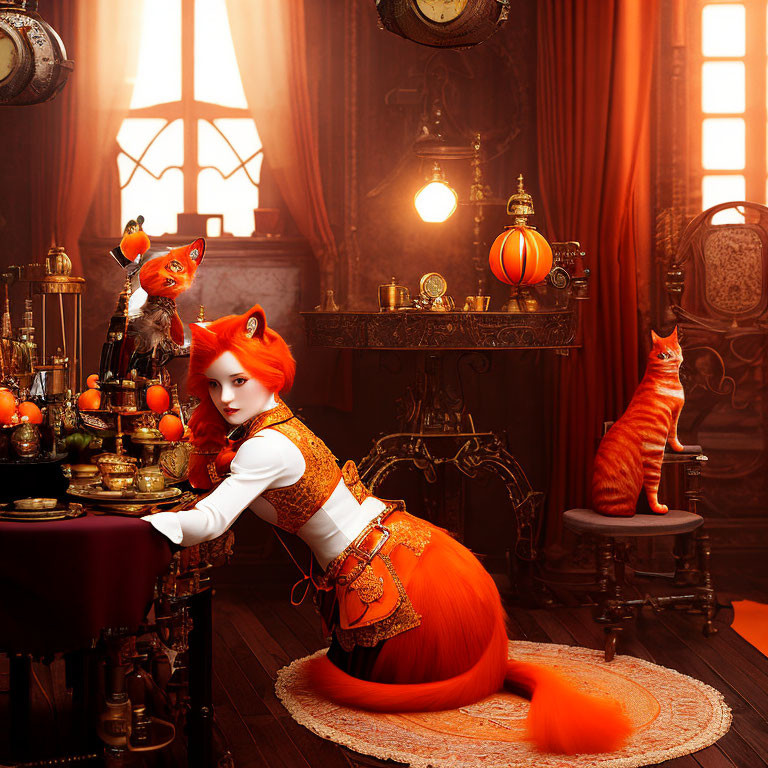 Woman with fox features in vintage room with small fox and cat, orange decor and antique furniture