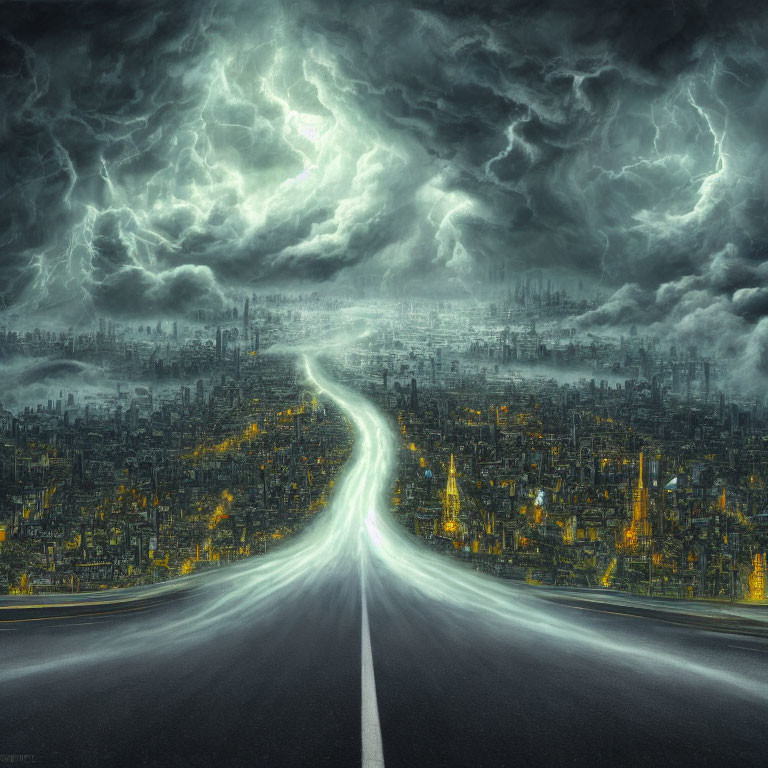 Desolate highway to dark city under tumultuous sky with eerie lightning