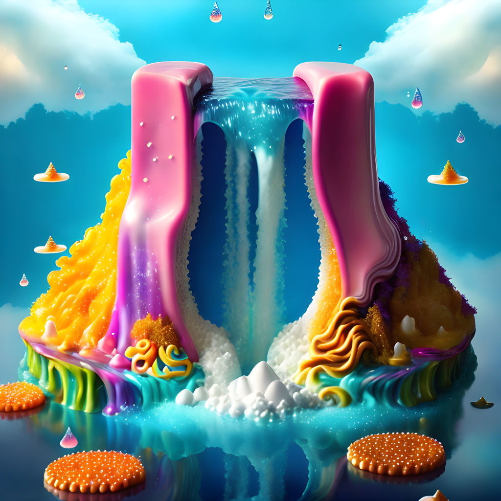 Vibrant surreal waterfall with melting archway and colorful hues