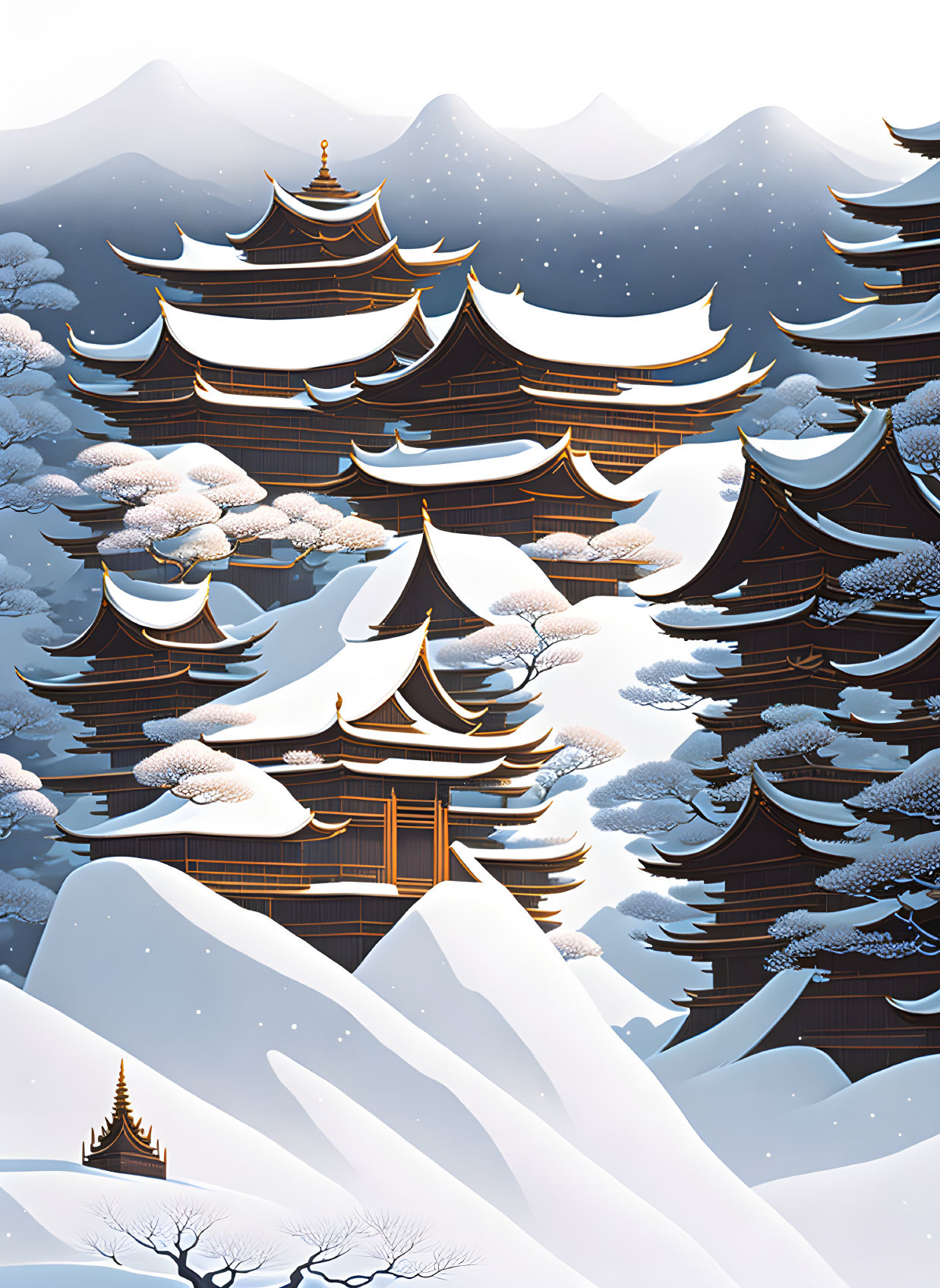 Snow-covered pagoda nestled in serene winter landscape