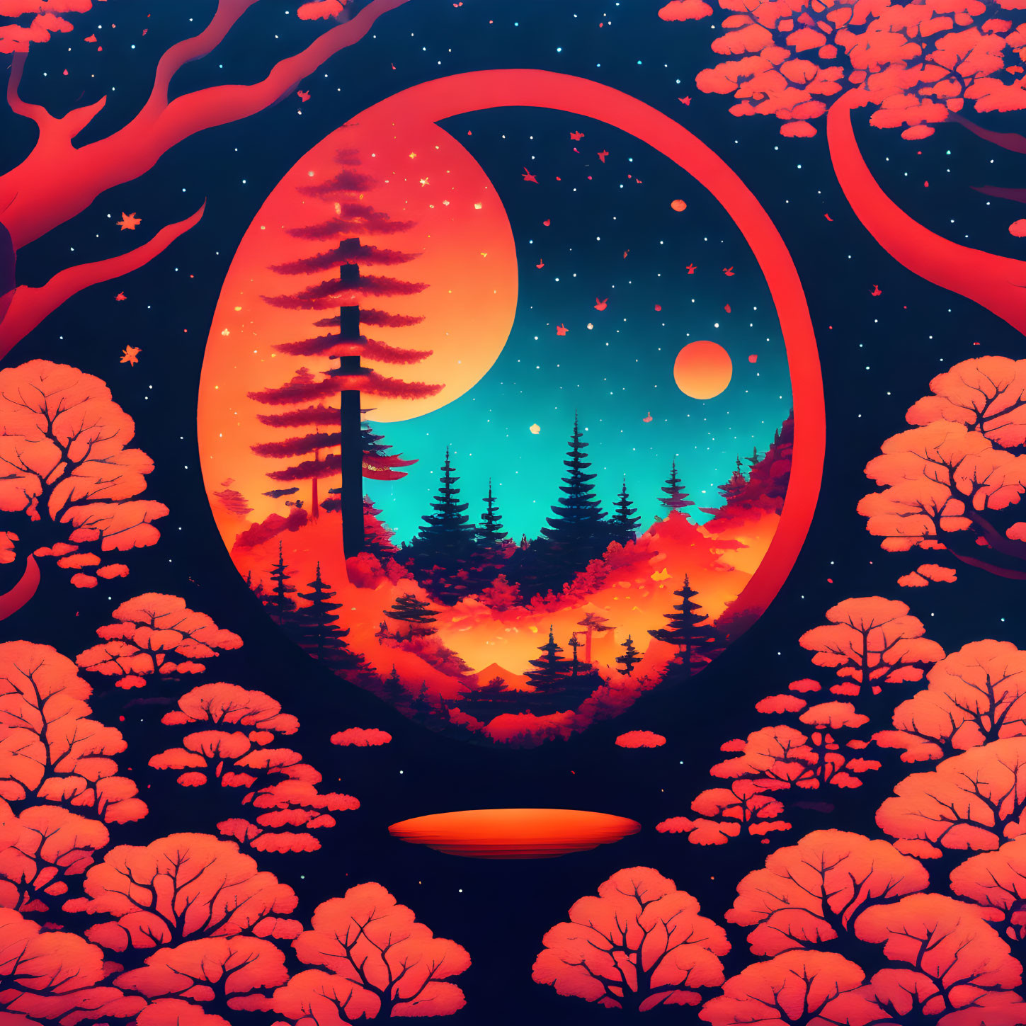 Colorful Fantasy Landscape with Large Moon and Pine Forest Silhouette