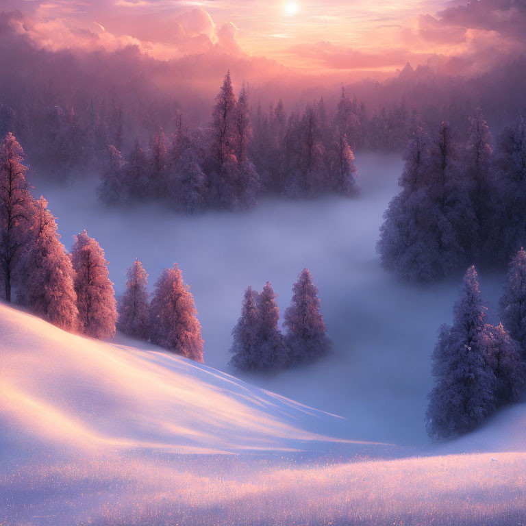 Snow-covered hills and misty trees in serene winter sunrise scene