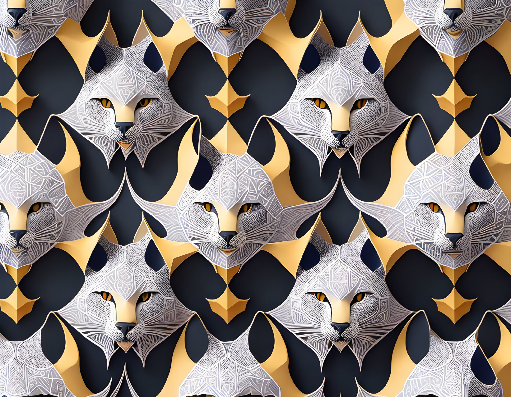 Geometric feline faces pattern in silver and gold on black background