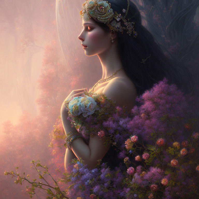 Fantasy illustration of woman with black hair and jeweled headpiece among blooming flowers