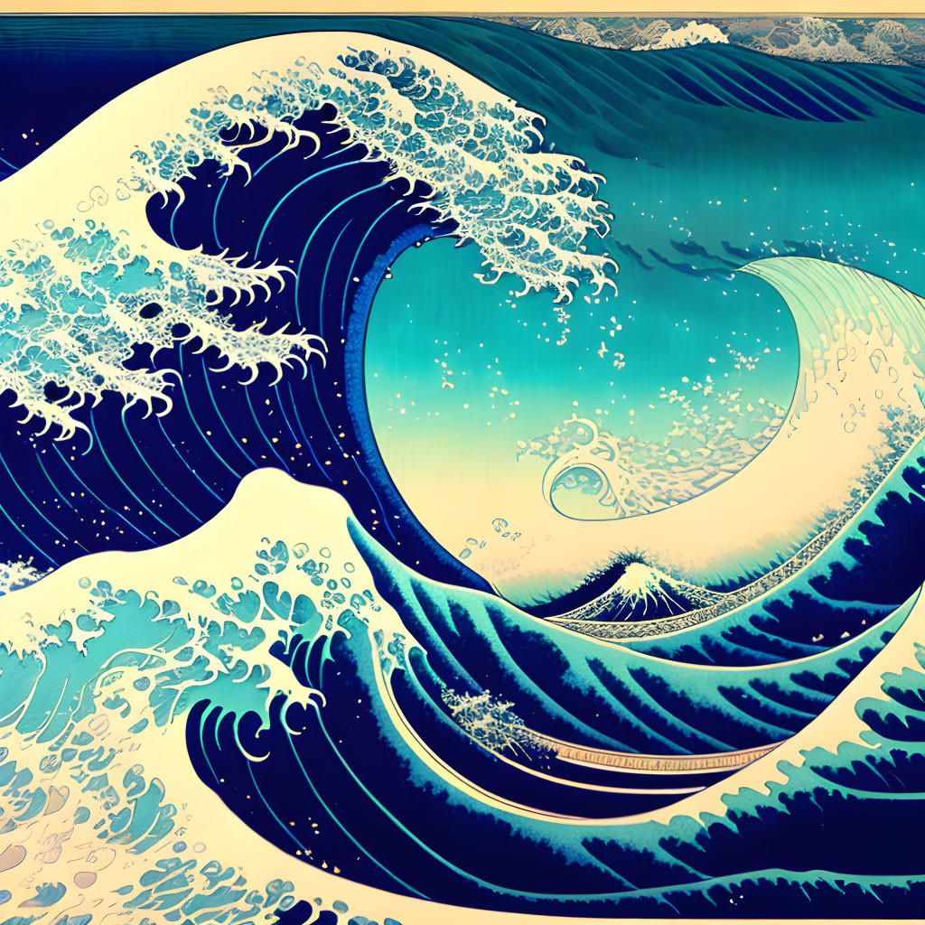 Detailed Stylized Illustration of Large Wave with Intricate Patterns and Foam