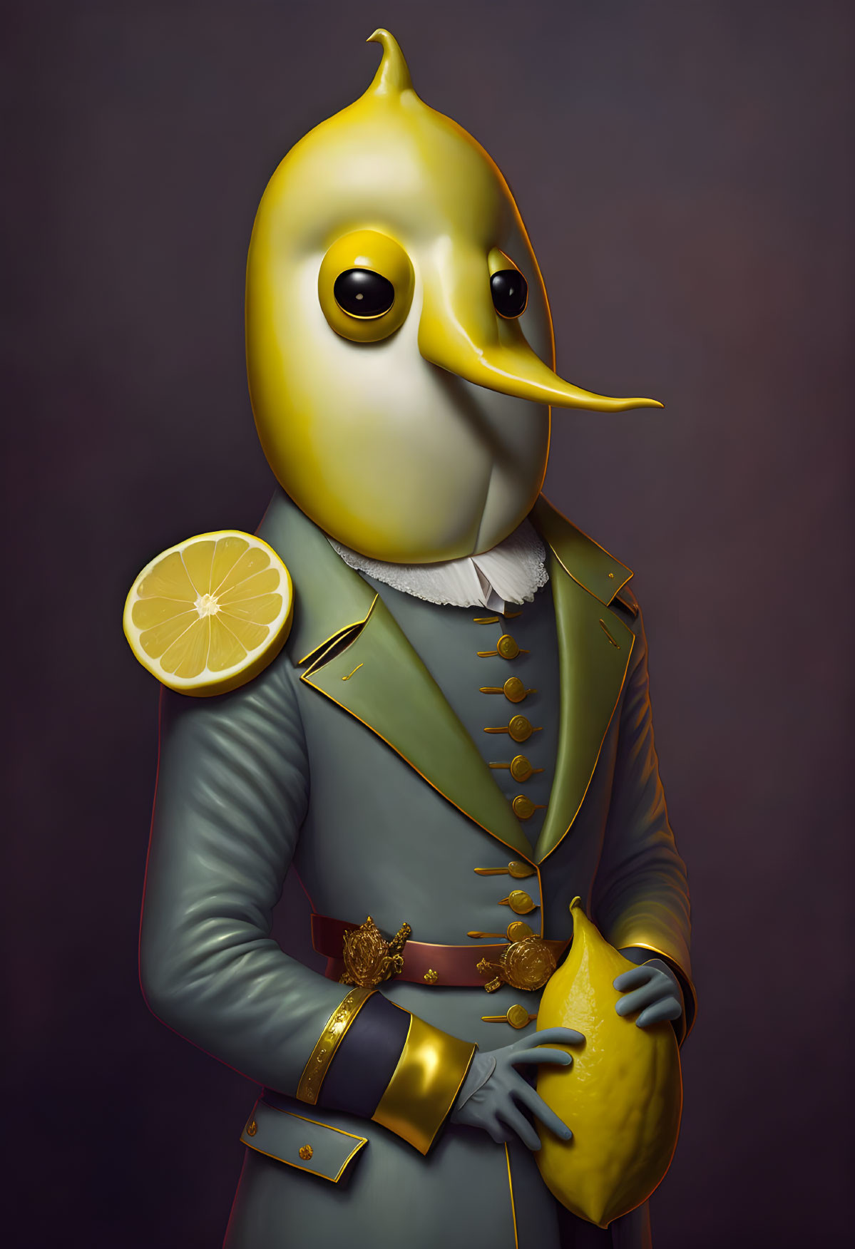 Anthropomorphic lemon in military attire with lemon epaulette