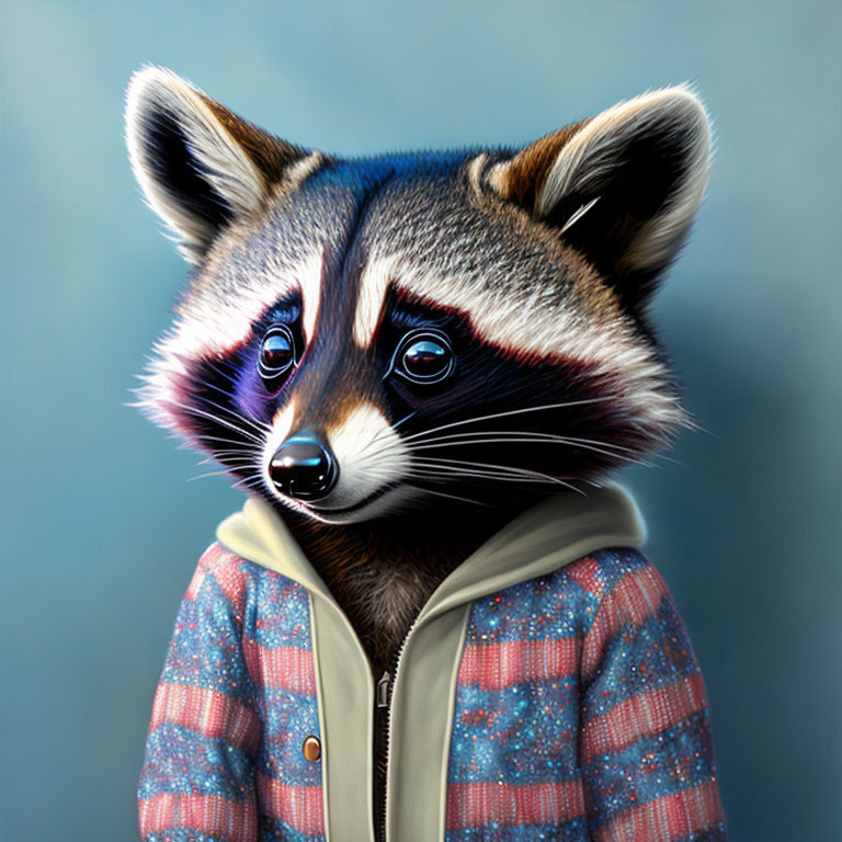 Stylized raccoon in hoodie with human-like eyes on blue background