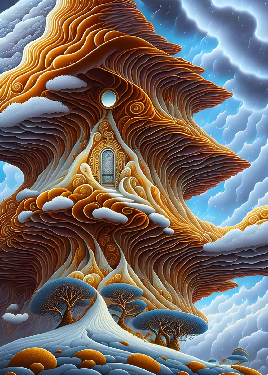 Intricate surreal landscape with orange and white tree structure and central door under starry sky