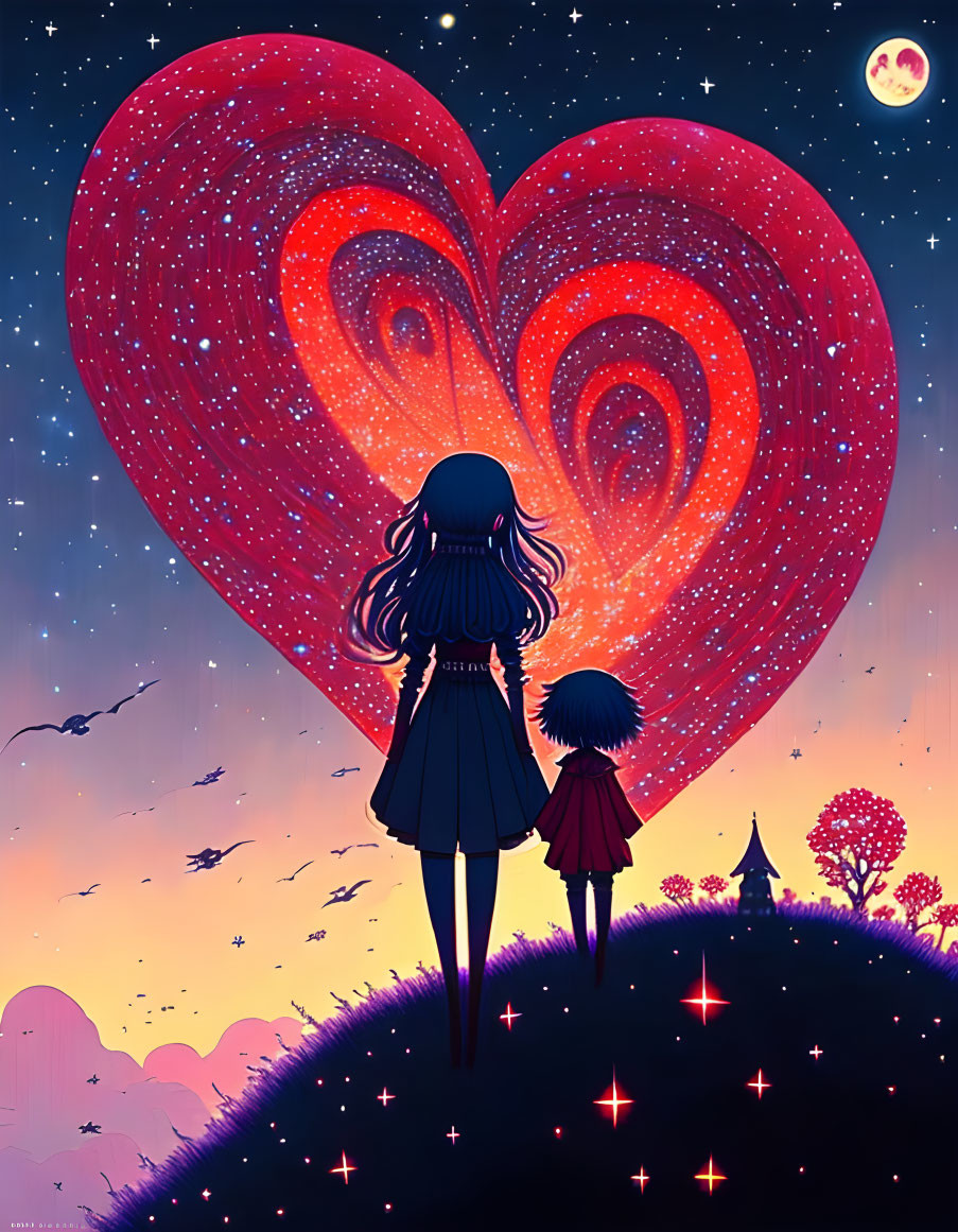 Stylized anime characters under starry sky with heart-shaped constellation