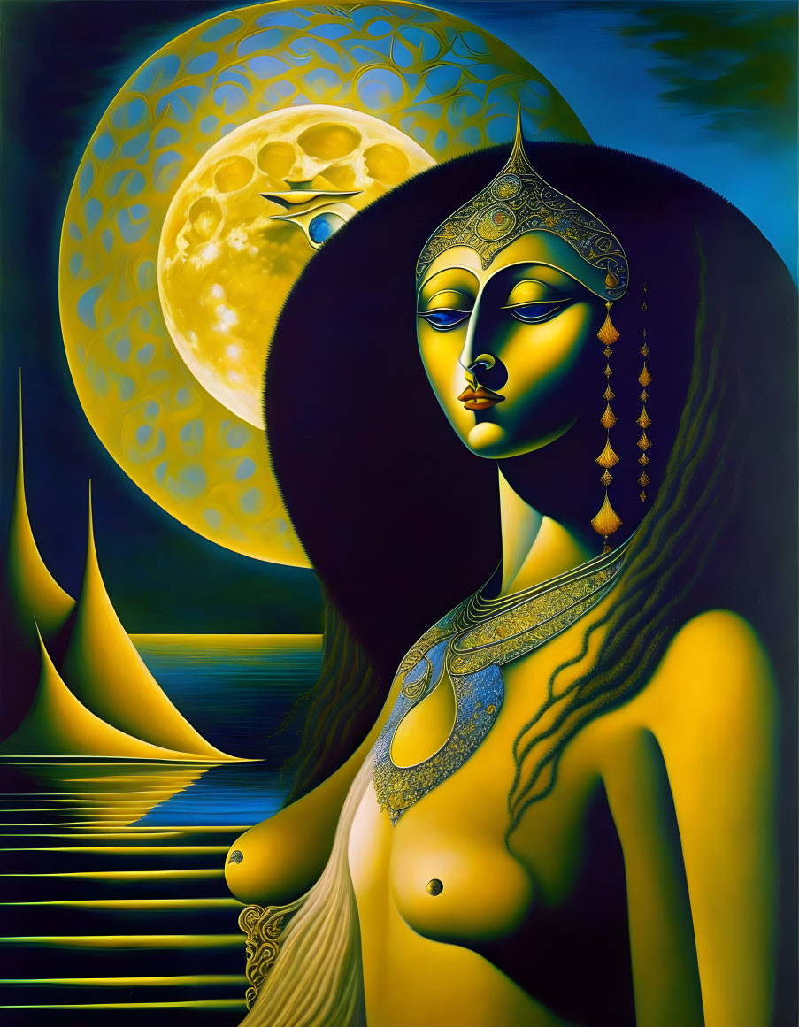 Stylized painting of serene woman with golden jewelry and moonlit ships