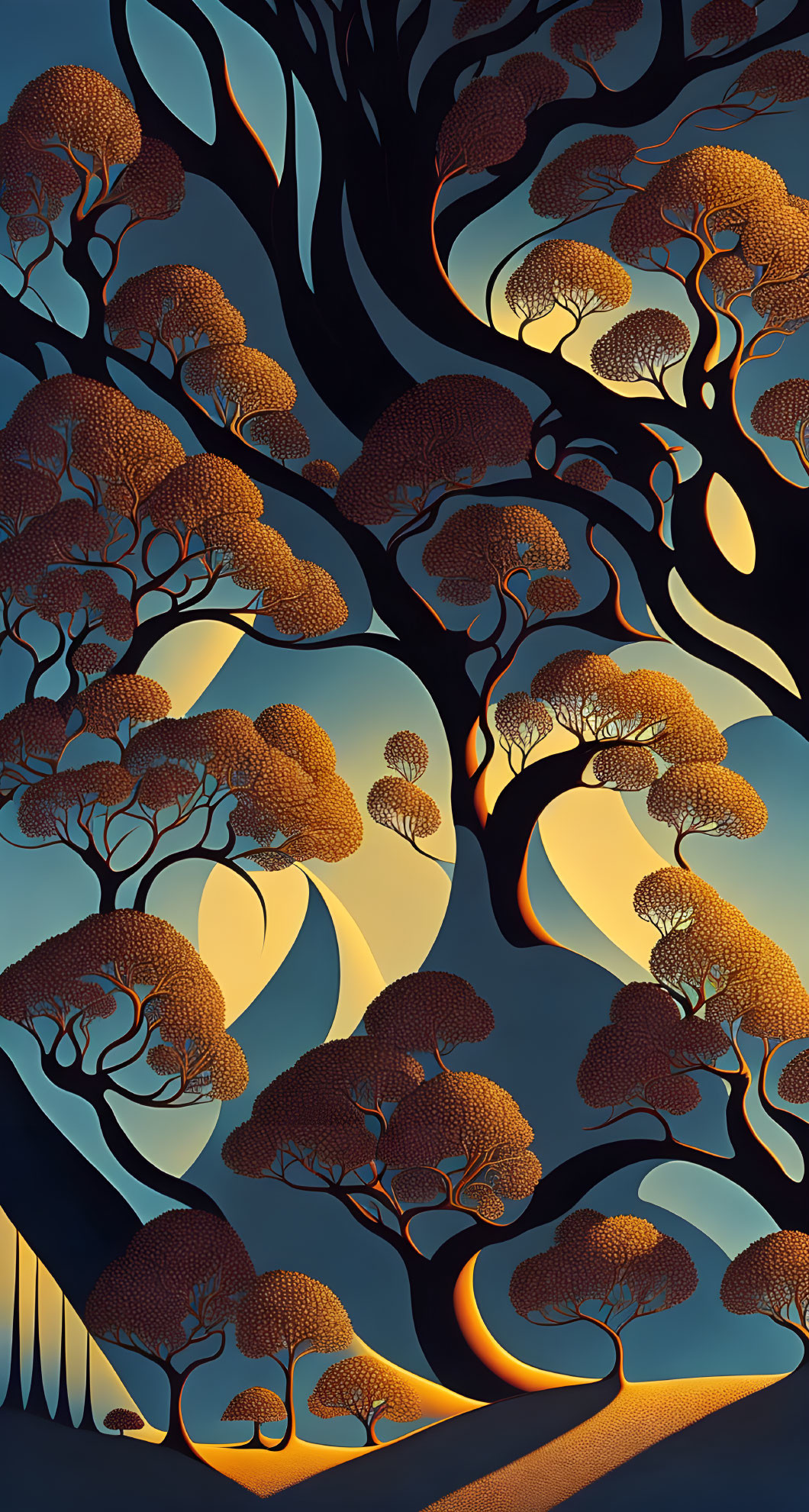 Curved trees in stylized forest art with gradient dusk sky