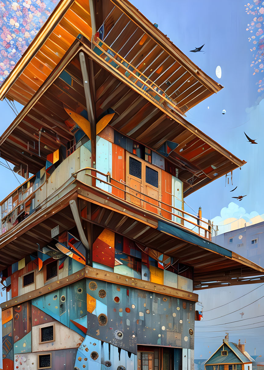 Whimsical multi-story building with patchwork walls and bird in flight against colorful floral-patterned sky