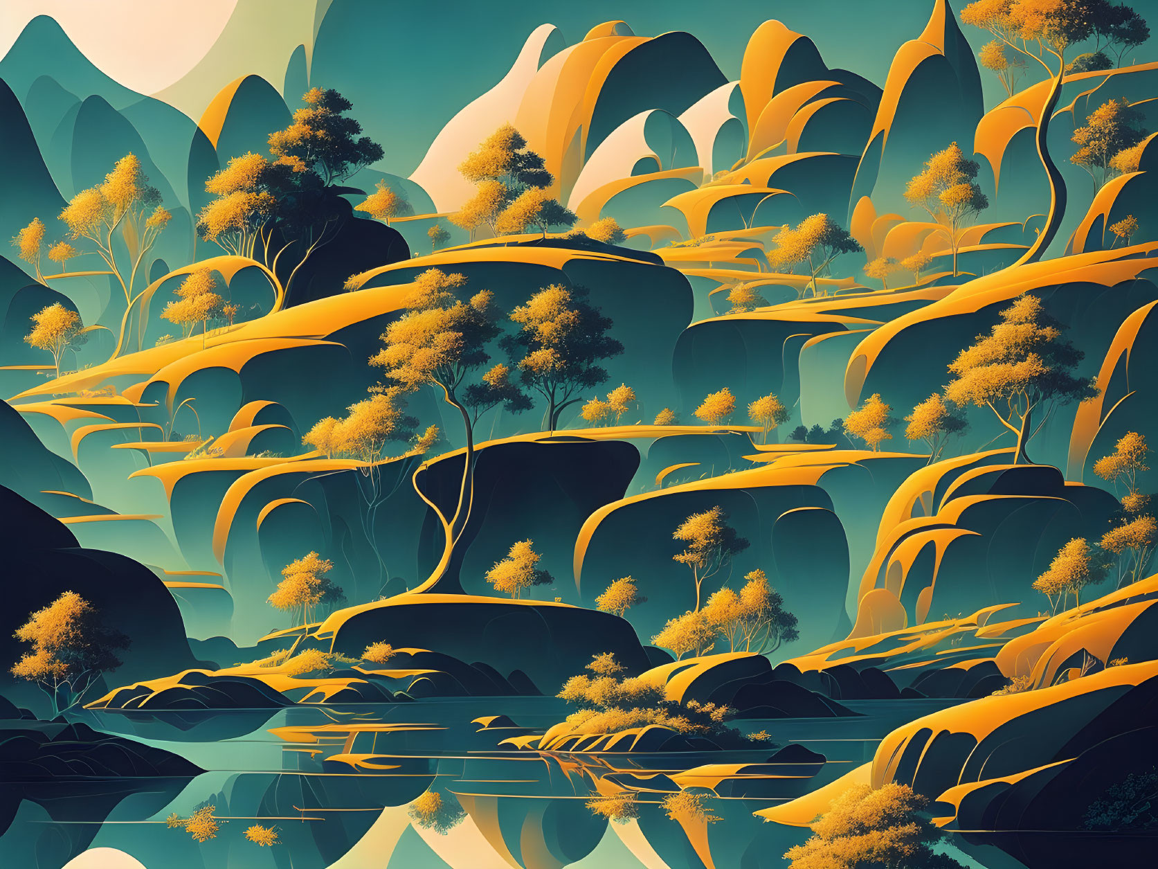 Layered Hills and Golden Trees in Tranquil Landscape