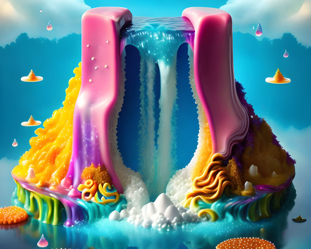 Vibrant surreal waterfall with melting archway and colorful hues