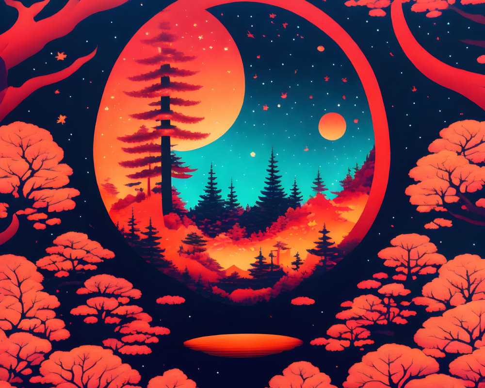 Colorful Fantasy Landscape with Large Moon and Pine Forest Silhouette