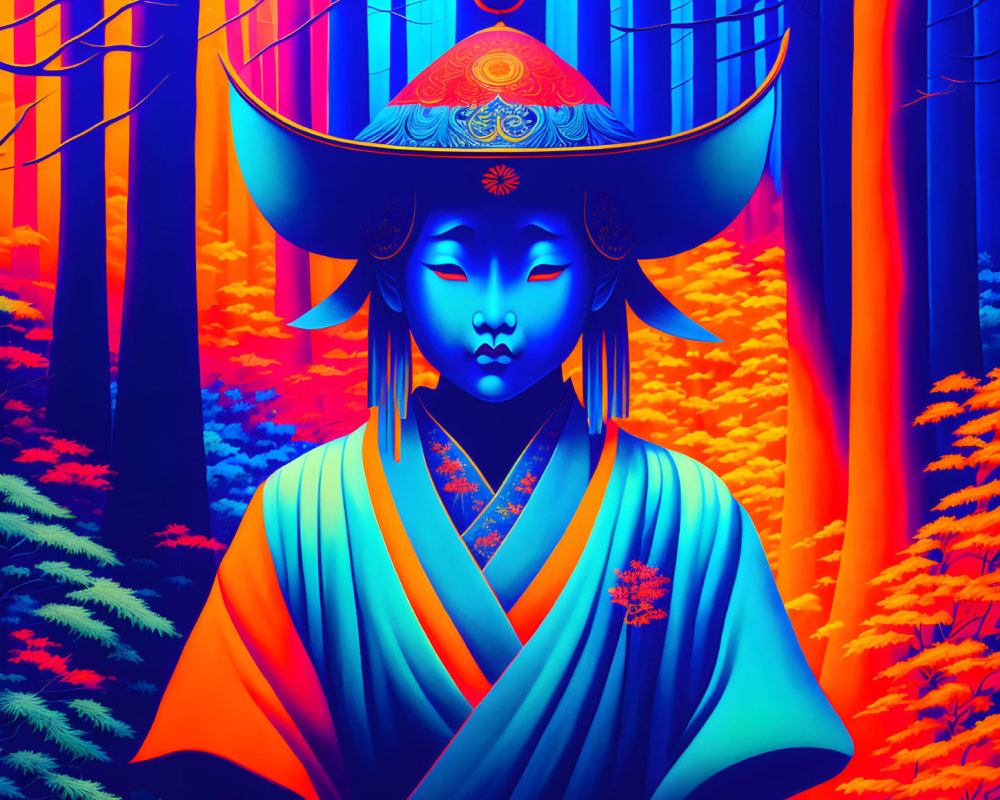 Illustration of mystical figure with blue skin in neon forest