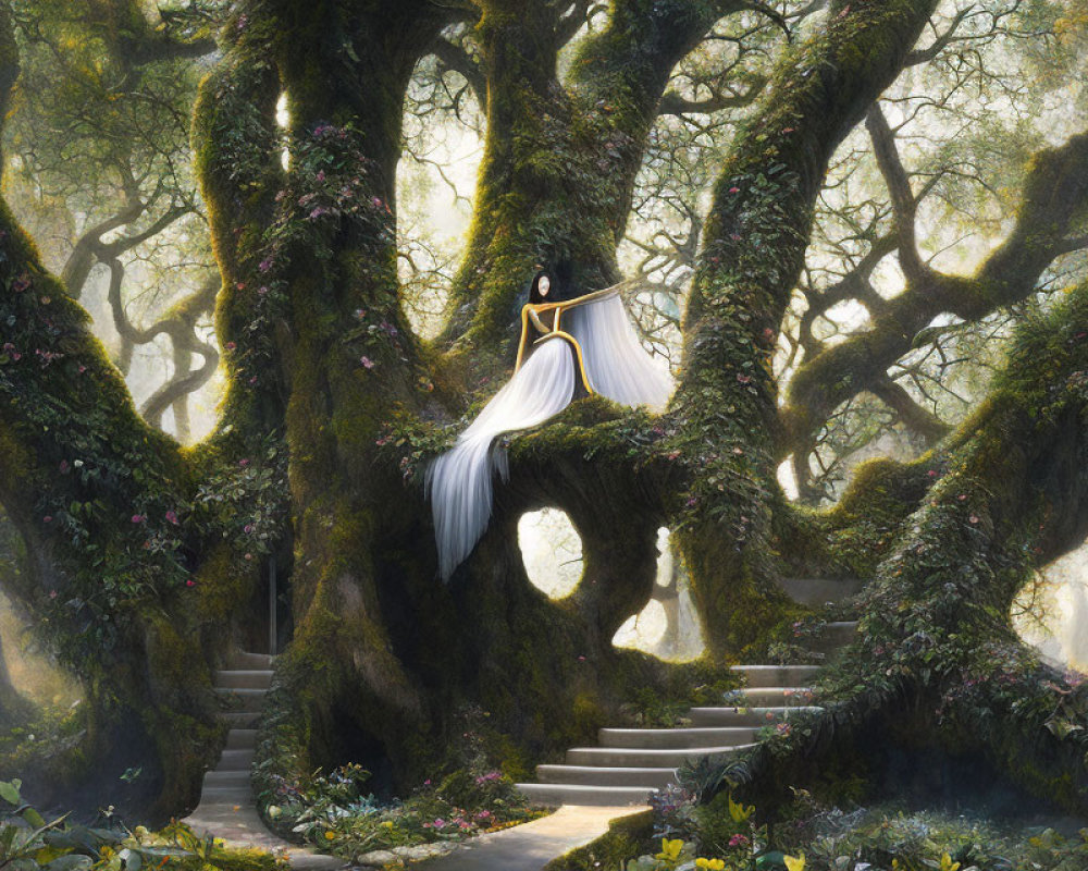 Enchanting forest scene with figure in white gown on staircase