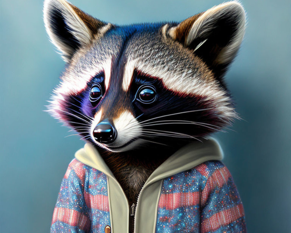 Stylized raccoon in hoodie with human-like eyes on blue background