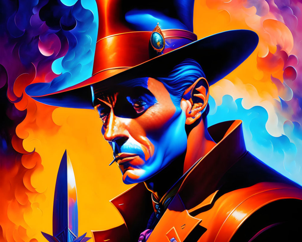 Character illustration with top hat, jewel, and dagger on vibrant background