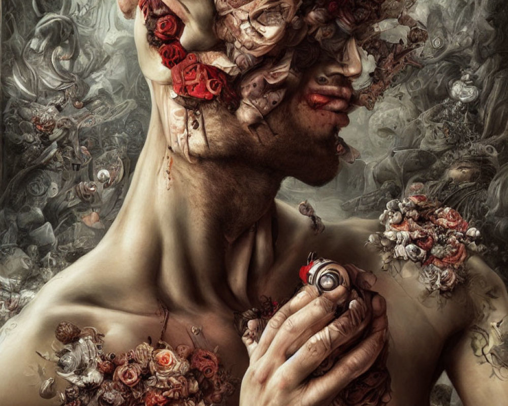 Surreal portrait with fragmented faces and floral elements