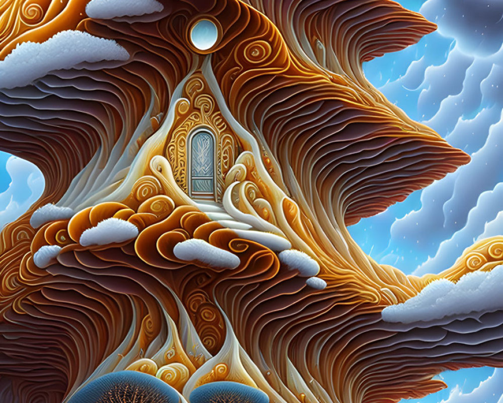 Intricate surreal landscape with orange and white tree structure and central door under starry sky